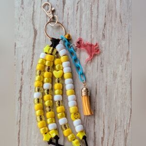 Yellow Beaded Keychain/Bag Charm with Dinosaur Charm